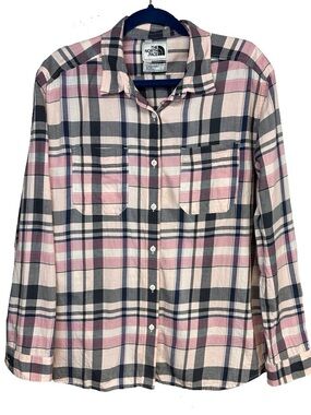The North Face Women’s Pink Blue Plaid Flannel Button Up Outdoors Western Large